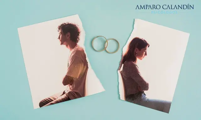 Dos fotos rasgadas de una pareja, separadas por dos anillos de boda, simbolizan un matrimonio infeliz.