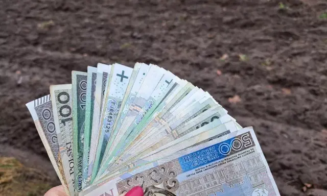 Dłoń trzyma wachlarz polskich banknotów, symbolizujących pomoc de minimis dla rolnika.