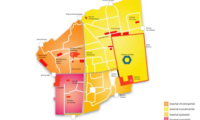 Kolorowa mapa Starego Miasta w Jerozolimie, pokazująca kwartały: chrześcijański, muzułmański, żydowski i ormiański.