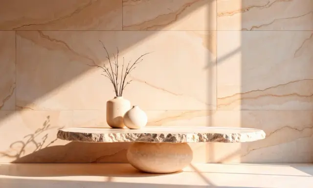 Dos jarrones de cerámica y ramas secas sobre una mesa de piedra de estilo minimalista, con luz solar creando sombras en una pared de mármol.