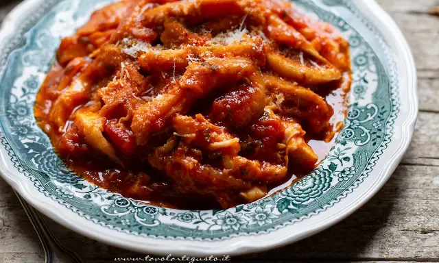 Un piatto fumante di trippa alla romana, ricca di sugo di pomodoro e condita con pecorino grattugiato, servita su un piatto decorato.