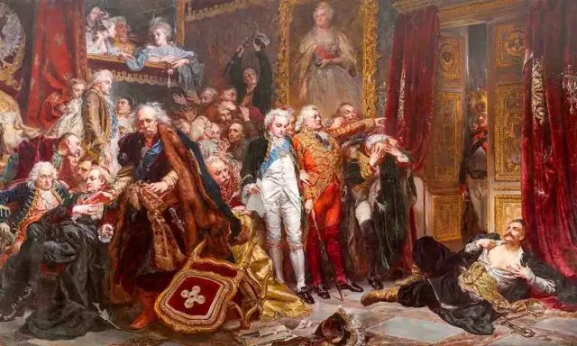 Scena dramatyczna przedstawia upadek Rzeczypospolitej. Wśród zgiełku i rozpaczy, postacie w bogatych strojach symbolizują schyłek państwa.