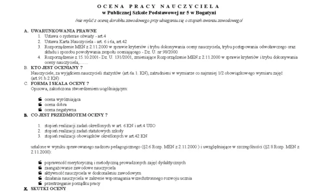 Ocena pracy nauczyciela początkującego: kryteria prawne, kto podlega ocenie, skala (wyróżniająca, dobra, negatywna) i przedmiot oceny.