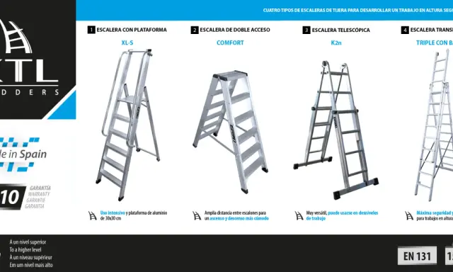 Cuatro modelos de escalera KTL: con plataforma, doble acceso, telescópica y transformable. Un diseño de escalera para cada necesidad.