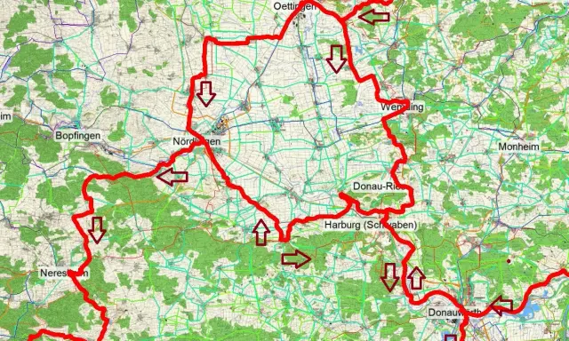 Karte mit markiertem Jakobsweg NRW, Städten wie Nördlingen und Harburg, sowie Pfeilen.