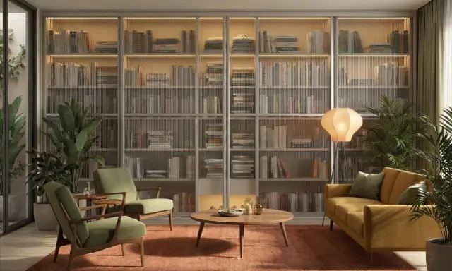 Przytulny salon w stylu modern classic z kanapą, fotelami i regałem pełnym książek.