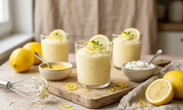 Trois verres de mousse au citron, décorés de rondelles de citron et de menthe. Des citrons entiers et coupés, ainsi que des petits bols de crème et de curd de citron, complètent la scène.