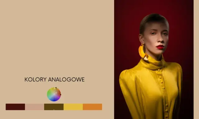 Kobieta w żółtej bluzce z bananowymi kolczykami, obok paleta kolorów analogowych.
