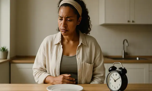Donna con espressione sofferente tiene la mano sullo stomaco, un piatto vuoto davanti. L'orologio segna l'ora, suggerendo un problema di mangiare in continuazione, forse una malattia.