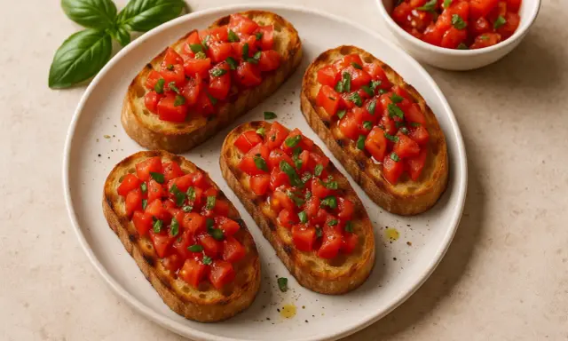 Quattro fette di pane tostato croccante, condite con pomodoro fresco a cubetti e basilico. Un classico antipasto italiano: bruschetta al pomodoro.