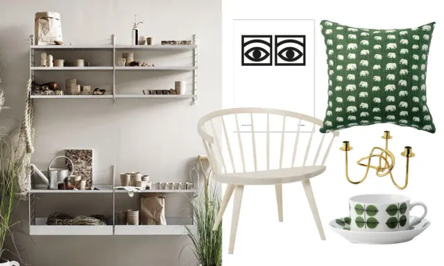 En hylla med inredningsdetaljer, en stol, en kudde med elefantmönster, en ljusstake och en kopp med Berså-mönster. Allt i en stil som andas svenska designklassiker.