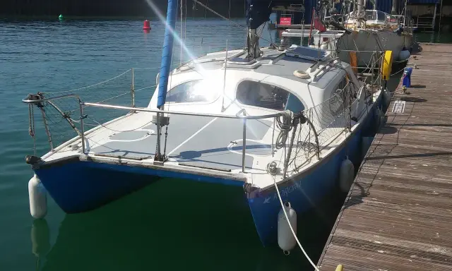 Un catamaran Hirondelle bleu et blanc, amarré à un ponton en bois, prêt pour une nouvelle aventure sur l'eau.