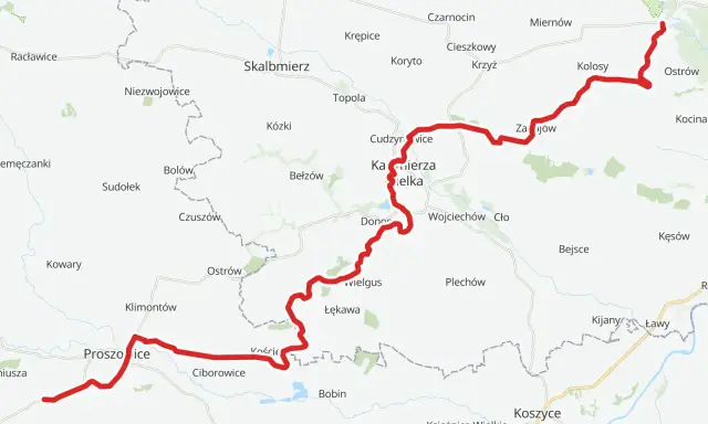 Trasa rowerowa velo raba od Proszowic przez Kazimierzę Wielką do Wiślicy, z zaznaczonymi miejscowościami.