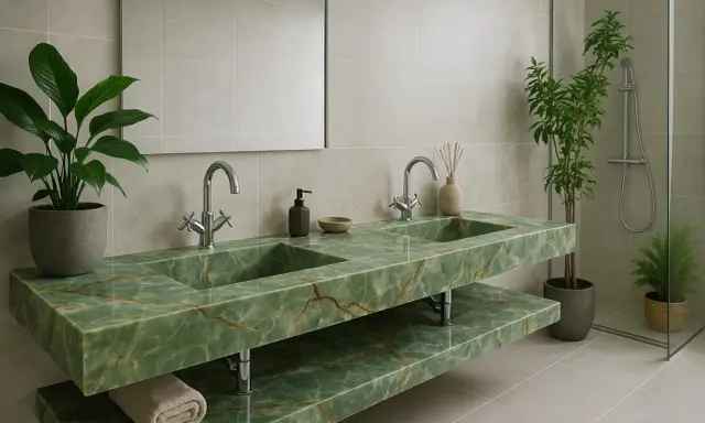 Luksusowy blat do łazienki z kamienia w odcieniu zieleni z żyłkami. Dwie umywalki, chromowane baterie, lustro i rośliny tworzą elegancką przestrzeń.