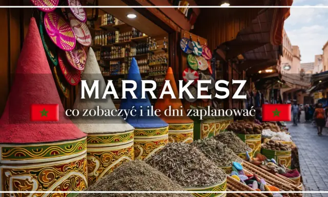 Kolorowe stoiska z przyprawami i koszami na targu w Marrakeszu. Odkryj marrakesz atrakcje i zaplanuj niezapomnianą podróż.