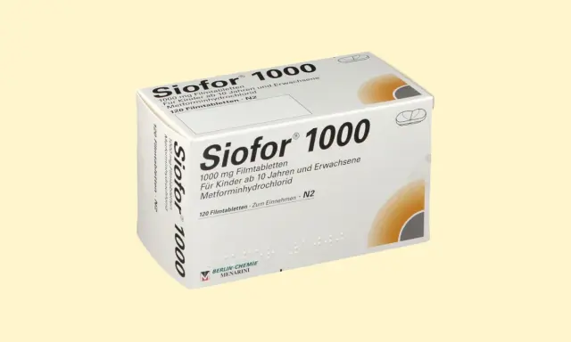 Opakowanie leku Siofor 1000 mg, zawierające 120 tabletek powlekanych z metforminą. Stosowany u dzieci od 10 lat i dorosłych.