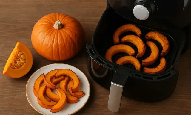Zucca in friggitrice ad aria: fette arrostite e una intera su un tavolo di legno.