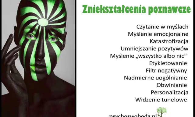 Twarz z neonowym makijażem symbolizuje zniekształcenia poznawcze, takie jak katastrofizacja i myślenie "wszystko albo nic".