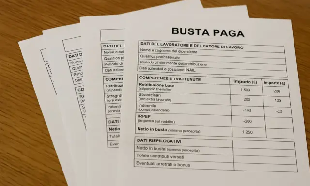 Busta paga con dettagli retributivi, contributi e imposte. Si evince che i giorni festivi vengono pagati, come indicato nelle voci "Straordinari" e "Eventuali arretrati o bonus".