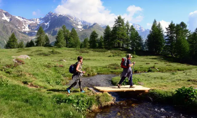 Due escursioniste attraversano un ruscello su un ponte di legno, godendosi un'attività in montagna tra prati verdi e cime innevate.