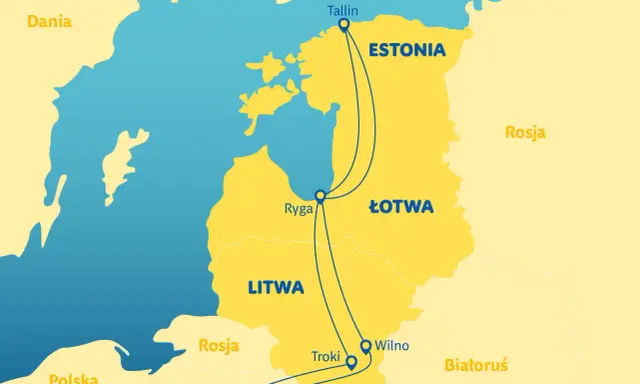 Mapa pokazuje trasy między Tallinem, Rygą i Wilnem. Gdzie jest Ryga? Na mapie widać ją w Łotwie, na trasie do Litwy.