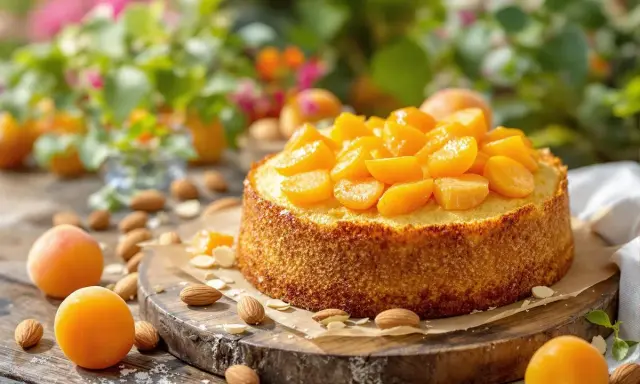Un délicieux moelleux aux abricots, garni de fruits frais et d'amandes, sur une planche en bois, avec des abricots et des fleurs en arrière-plan.