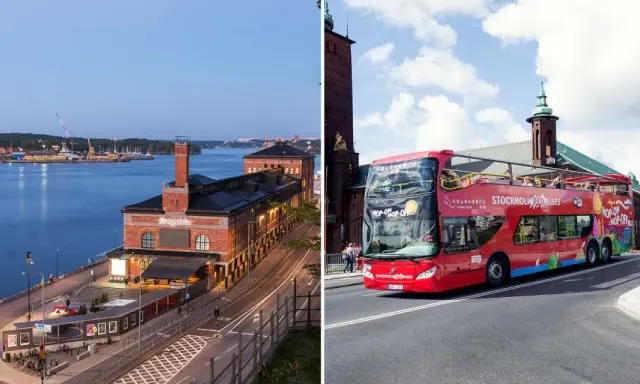 Två vyer av Stockholm: en vid vattnet med en tegelbyggnad och en annan med en röd sightseeingbuss som kör förbi Stadshuset.