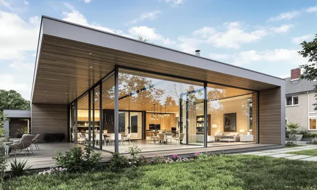 Maison moderne avec une extension sur toit plat existant, offrant de grandes baies vitrées donnant sur un jardin verdoyant.