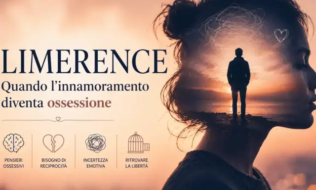 Doppia esposizione di una donna con un uomo solitario in un paesaggio al tramonto all'interno della sua testa, che simboleggia quando l'amore diventa ossessione.