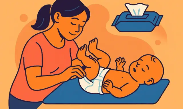 Ilustracja: kobieta przewija noworodka, obok chusteczki nawilżane.