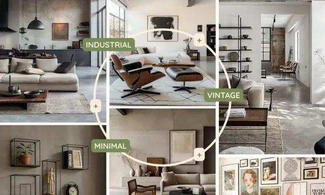 Collage di interni: cucina industriale, soggiorno vintage, galleria minimalista. Idee arredo per ogni stile.