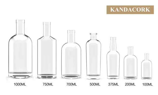 Różne rozmiary szklanych butelek, od 1000 ml do 100 ml, idealne na wódkę.