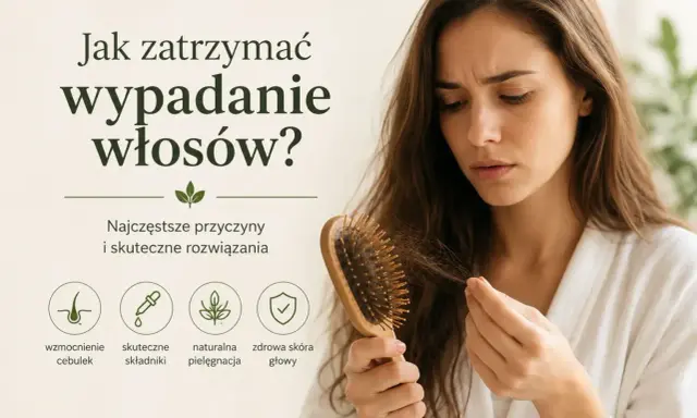 Zmartwiona kobieta trzyma szczotkę z wypadającymi włosami. Grafika podpowiada, jak zatrzymać wypadanie włosów, wskazując na wzmocnienie cebulek i naturalną pielęgnację.