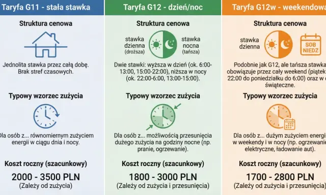 Porównanie taryf energii: G11 (stała), G12 (dzień/noc) i G12w (weekendowa). Wybierz klaster energii dopasowany do Twoich potrzeb.