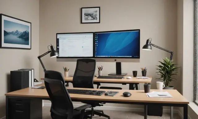 Bureau double avec écrans, lampes et plantes. L'espace entre bureau et mur est optimisé pour le travail.