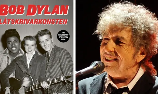 Bob Dylan, låtskrivarkonsten i Sverige. En bild av en ung trio med gitarr och en närbild på en äldre Bob Dylan.
