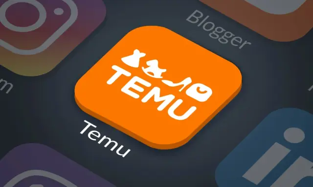 Pomarańczowe logo Temu, obok ikon Instagrama i LinkedIn. Temu to platforma zakupowa, która zdobywa popularność.