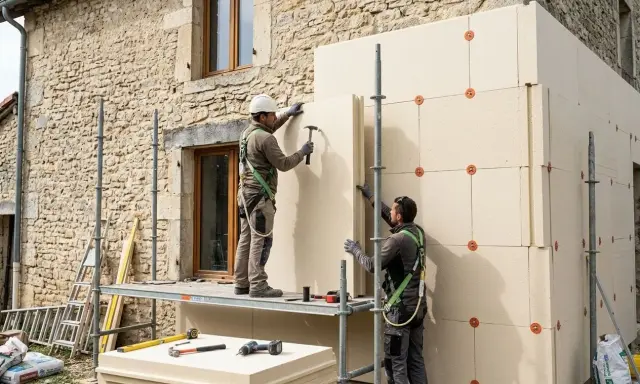Deux ouvriers installent des panneaux isolants sur un mur en pierre. Une application concrète de l'isolation thermique, une définition essentielle pour l'efficacité énergétique.