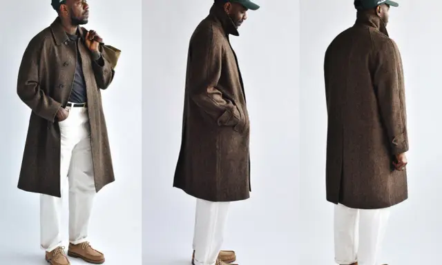 A man models three views of a stylish brown tweed coat, paired with white pants and a green cap.