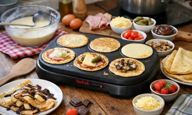 Préparation d'une recette pâte à crêpe party Tefal : crêpes salées et sucrées garnies, avec fraises et chocolat.