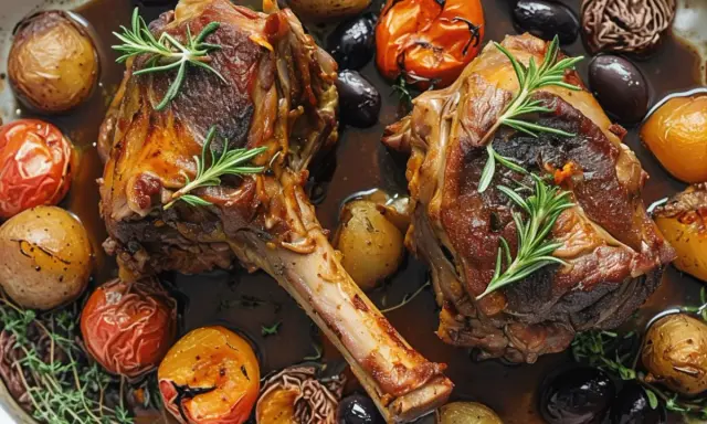 Dos jugosas patas de conejo al horno, doradas y tiernas, acompañadas de patatas asadas, tomates cherry y aceitunas negras.