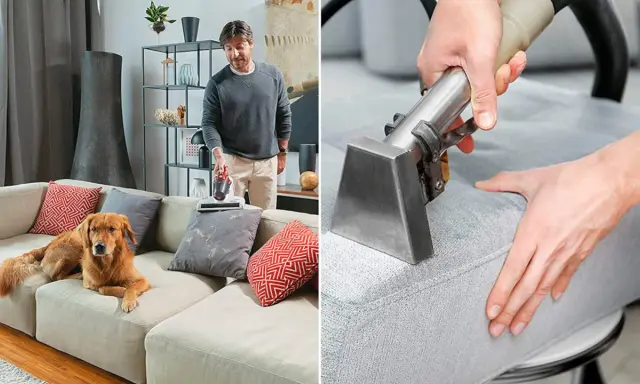 Un hombre aspira un sofá con un perro golden retriever. Otra imagen muestra una herramienta de limpieza de tapicería en acción, demostrando cómo limpiar sofá.