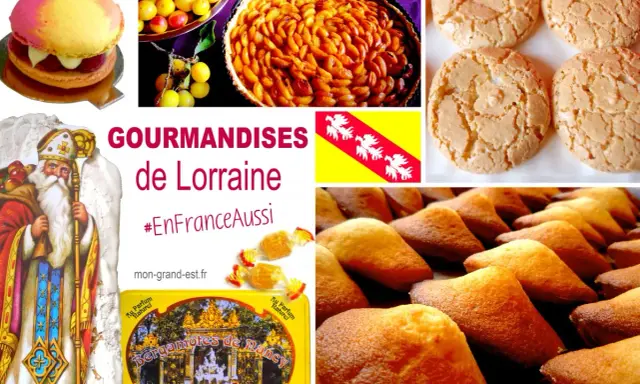 Collage de douceurs lorraines : macaron, tarte aux fruits, meringues, madeleines, bonbons et Saint-Nicolas.