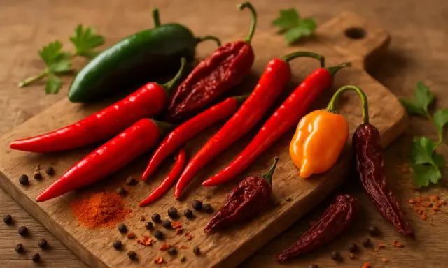 Un assortiment de piments frais et séchés, dont des piments rouges longs, un piment vert, un piment orange et des piments séchés foncés. Une pincée de poudre de piment et des grains de poivre parsèment la planche à découper en bois.