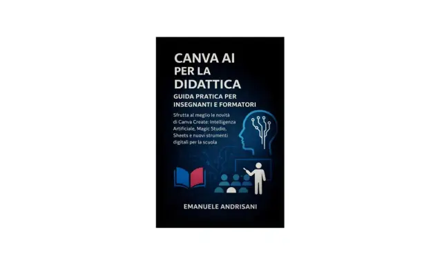 Copertina libro "Canva AI per la Didattica": guida pratica per docenti con icone di un cervello stilizzato, libro aperto e classe.