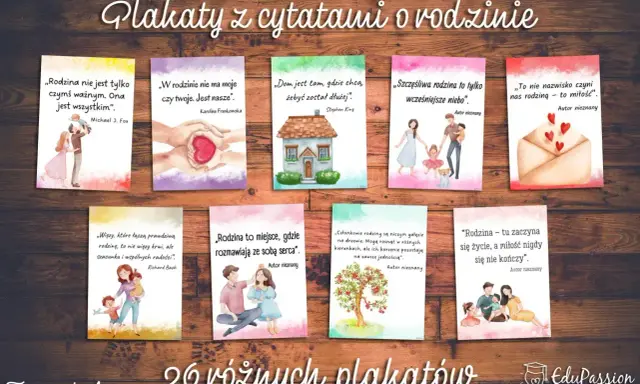 Kolaż plakatów z cytatami o rodzinie, przedstawiający ilustracje rodzin i symboliczne obrazy.