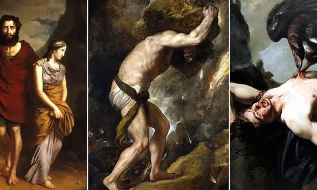 Trois scènes de la mythologie grecque : un couple, Sisyphe poussant son rocher, et un homme torturé par un aigle.
