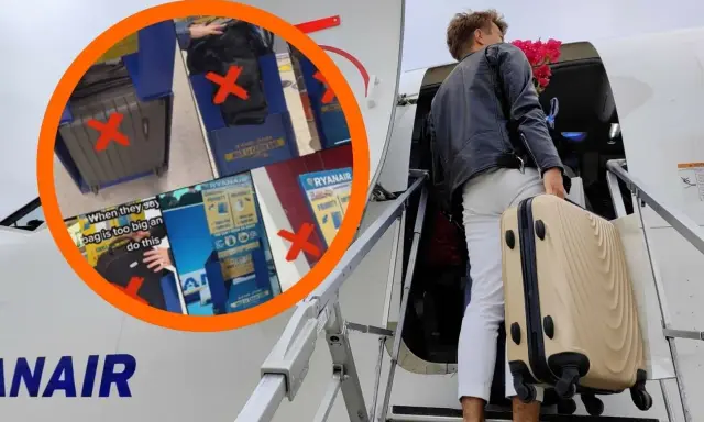 Mężczyzna z walizką wchodzi po schodach do samolotu Ryanair. W kółku widać walizki z czerwonymi krzyżykami.