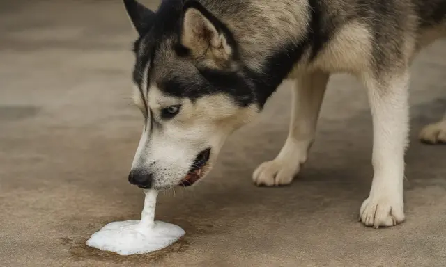 Pies rasy husky je trawę i wymiotuje pianą.