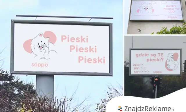 Reklama teaserowa z uroczymi pieskami. "Pieski, pieski, pieski" i "Każdy piesek to cud" zachęcają do odkrycia czegoś więcej.